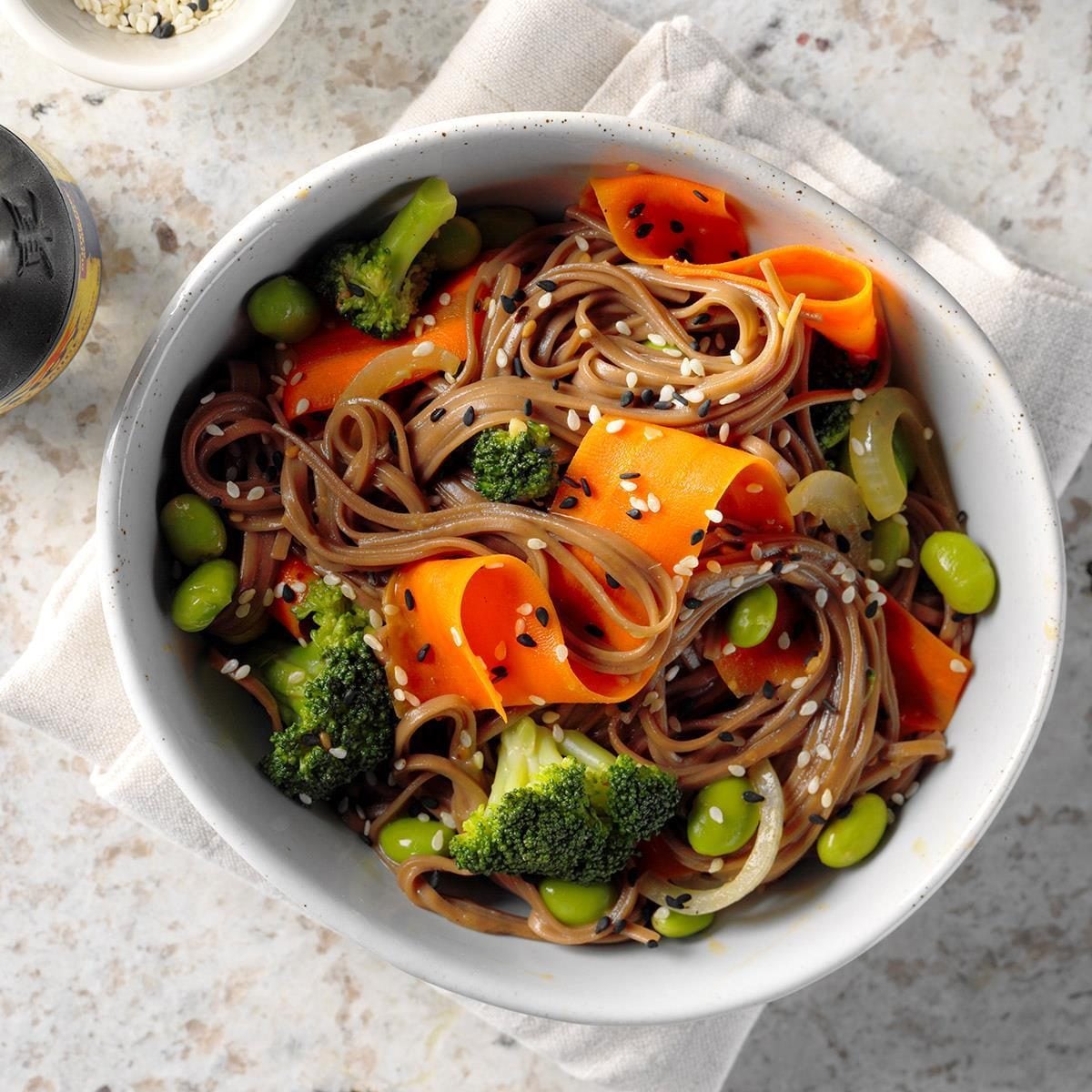 bowl of soba noodles and edamame for a Japanese new year