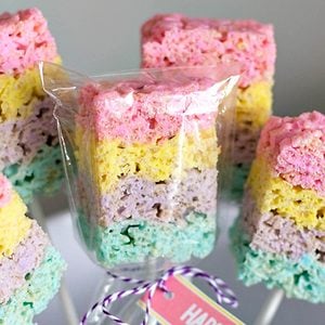 Layered rice krispie peep treats on sticks