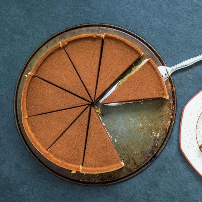 dark chocolate tort perfectly sliced for sharing