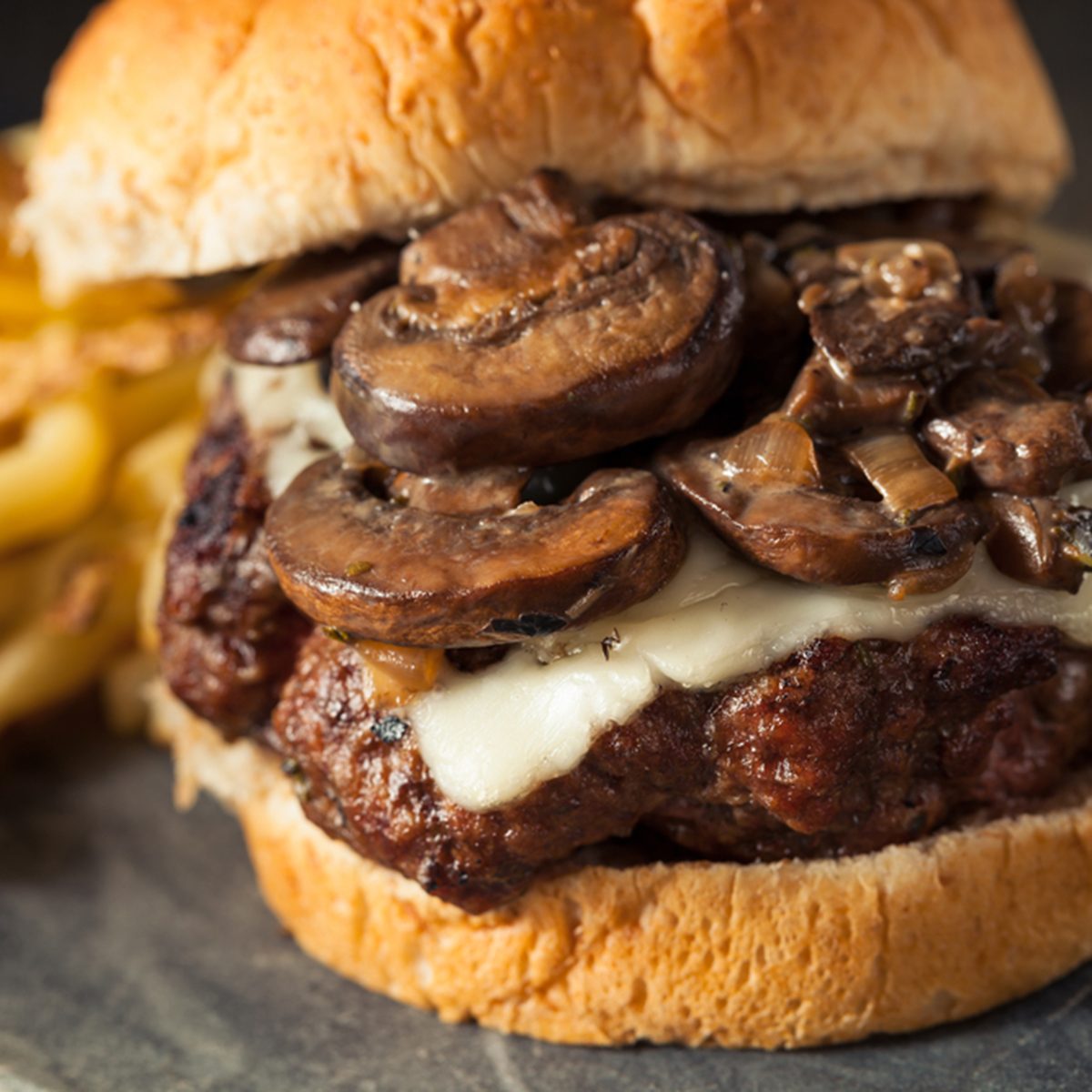 Homemade Grassfed Mushroom and Swiss Cheese Hamburger with Fries