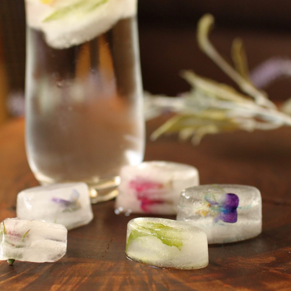 Herbs suspended in ice cubes