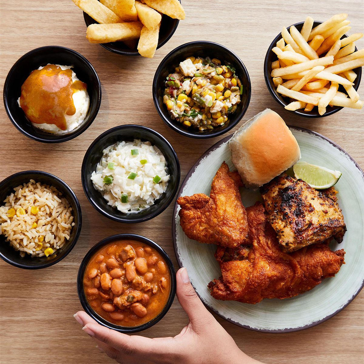 Chicken strips, sandwich and multiple sides