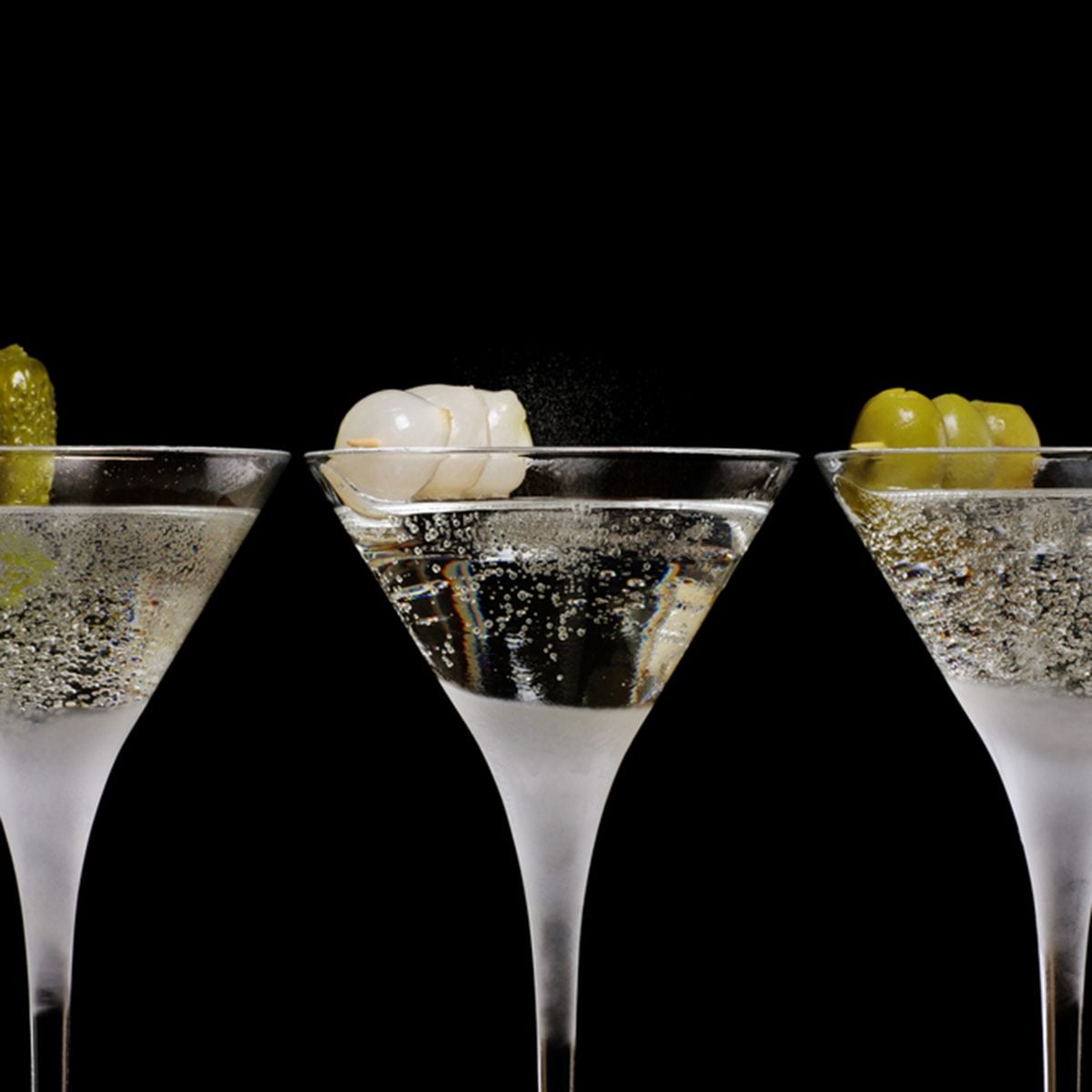 three cocktails in a row, gin/martini/vodka