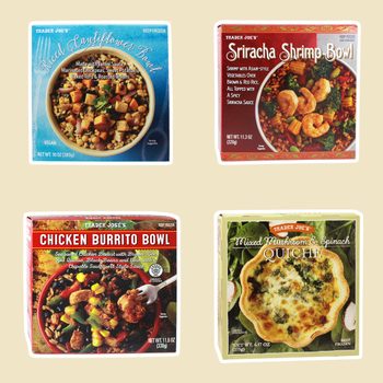 four trader joe's products on beige background