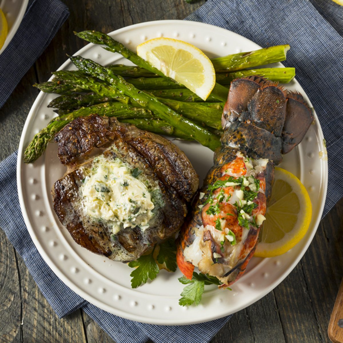 Homemade Steak and Lobster Surf n Turf with Asparagus; Shutterstock ID 684750115; Job (TFH, TOH, RD, BNB, CWM, CM): TOH