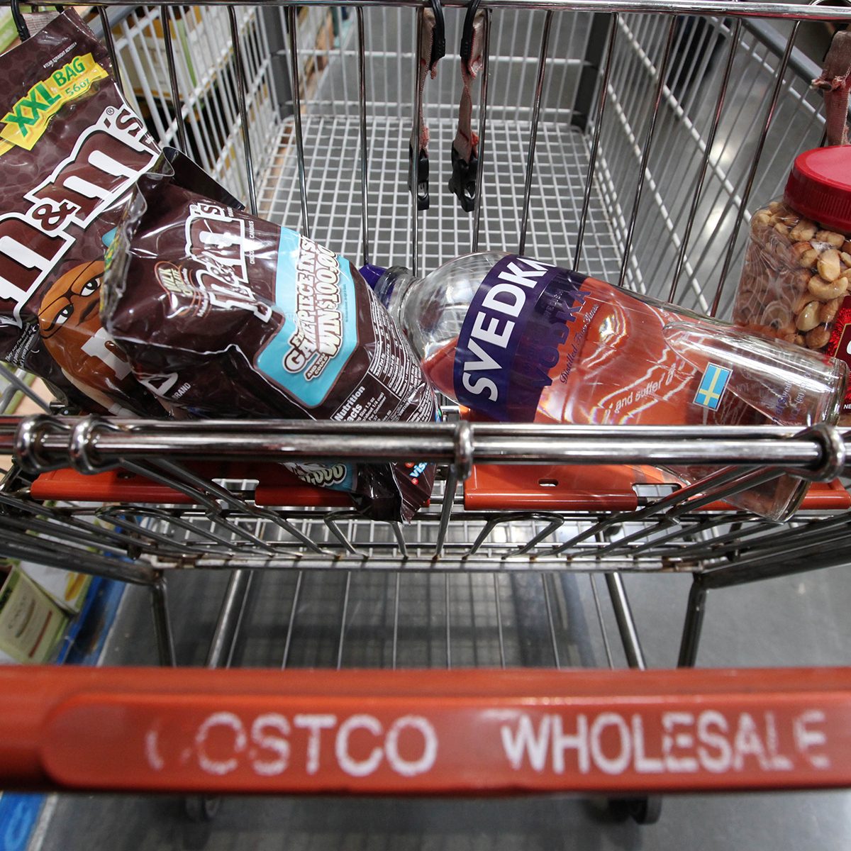 Candy, nuts and liquor sit in a customer