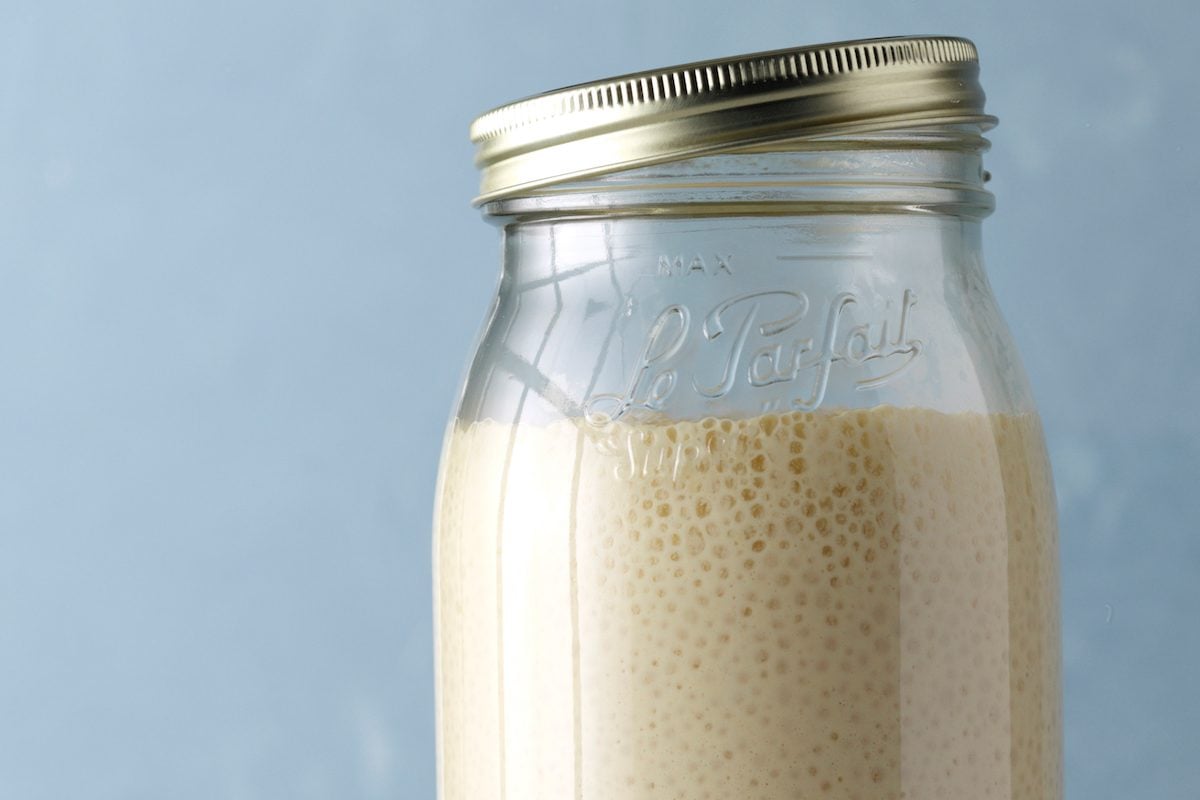 A mason jar full of bubbly sourdough starter.