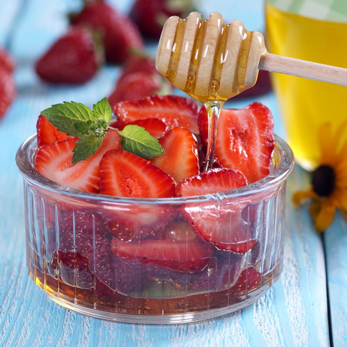 Strawberry with honey. Blue Area.