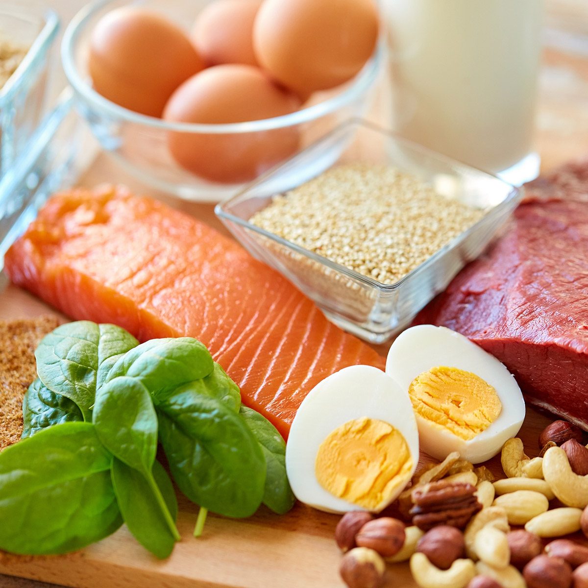 healthy eating and diet concept - natural rich in protein food on table; Shutterstock ID 684710068; Job (TFH, TOH, RD, BNB, CWM, CM): Taste of Home
