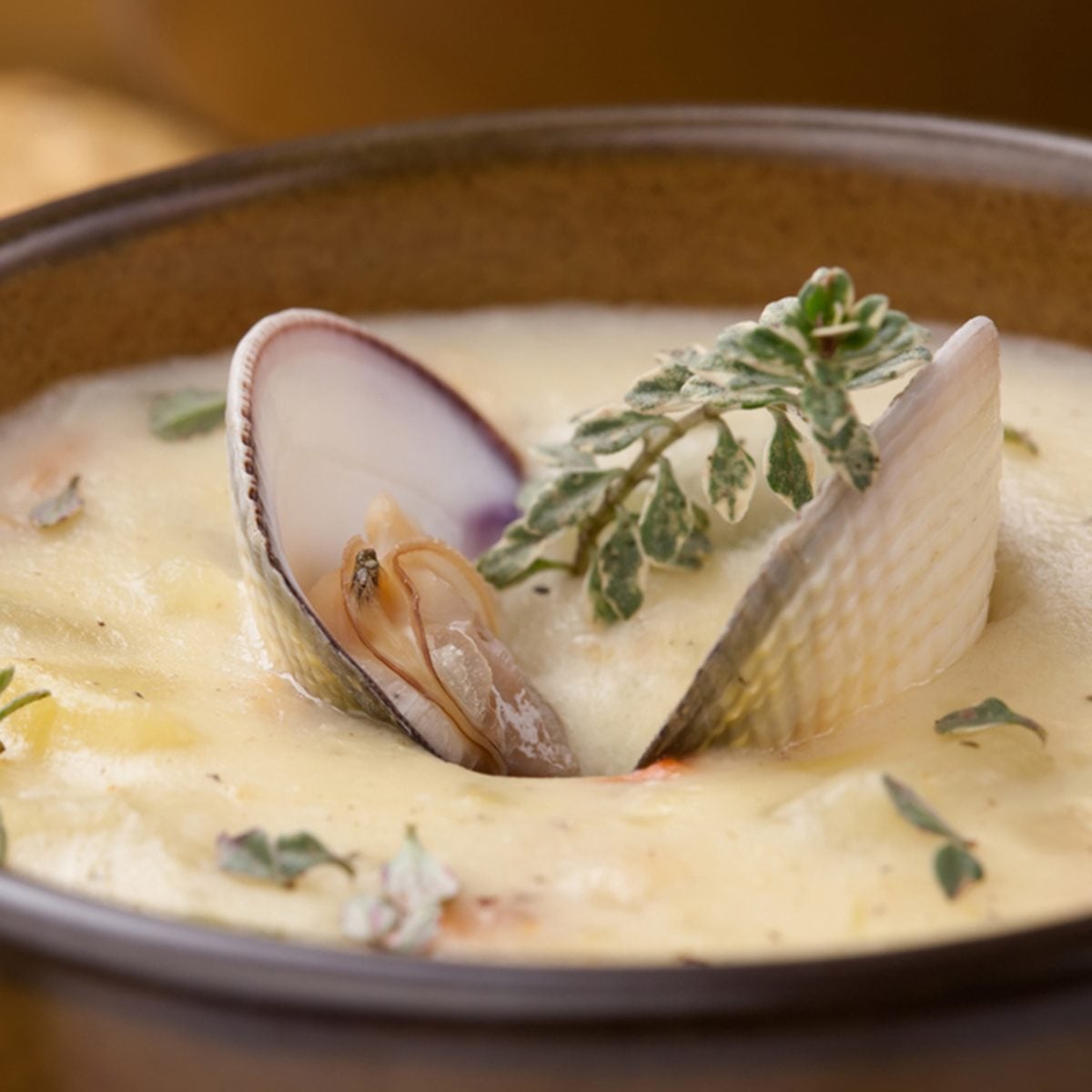 Bowls of hot delicious clam chowder garnished with fresh thyme, and multy grain crackers