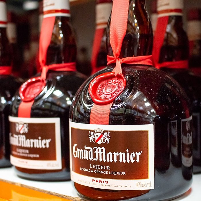 A shelf of Grand Marnier glass bottles, at Costco