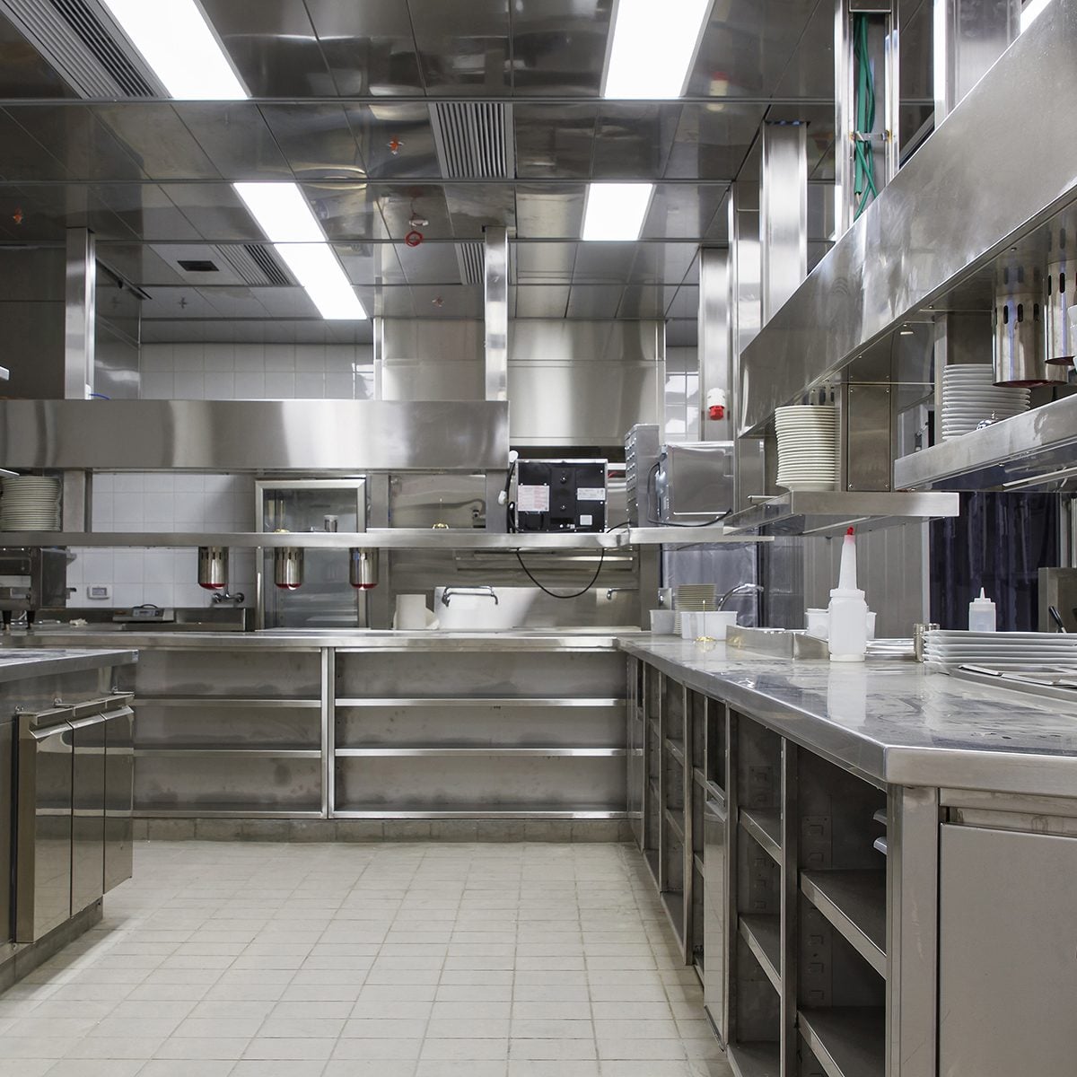 Professional kitchen , view counter in stainless steel