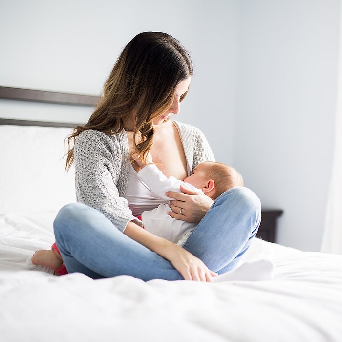 A Young mother holding her baby child. Mom nursing baby.