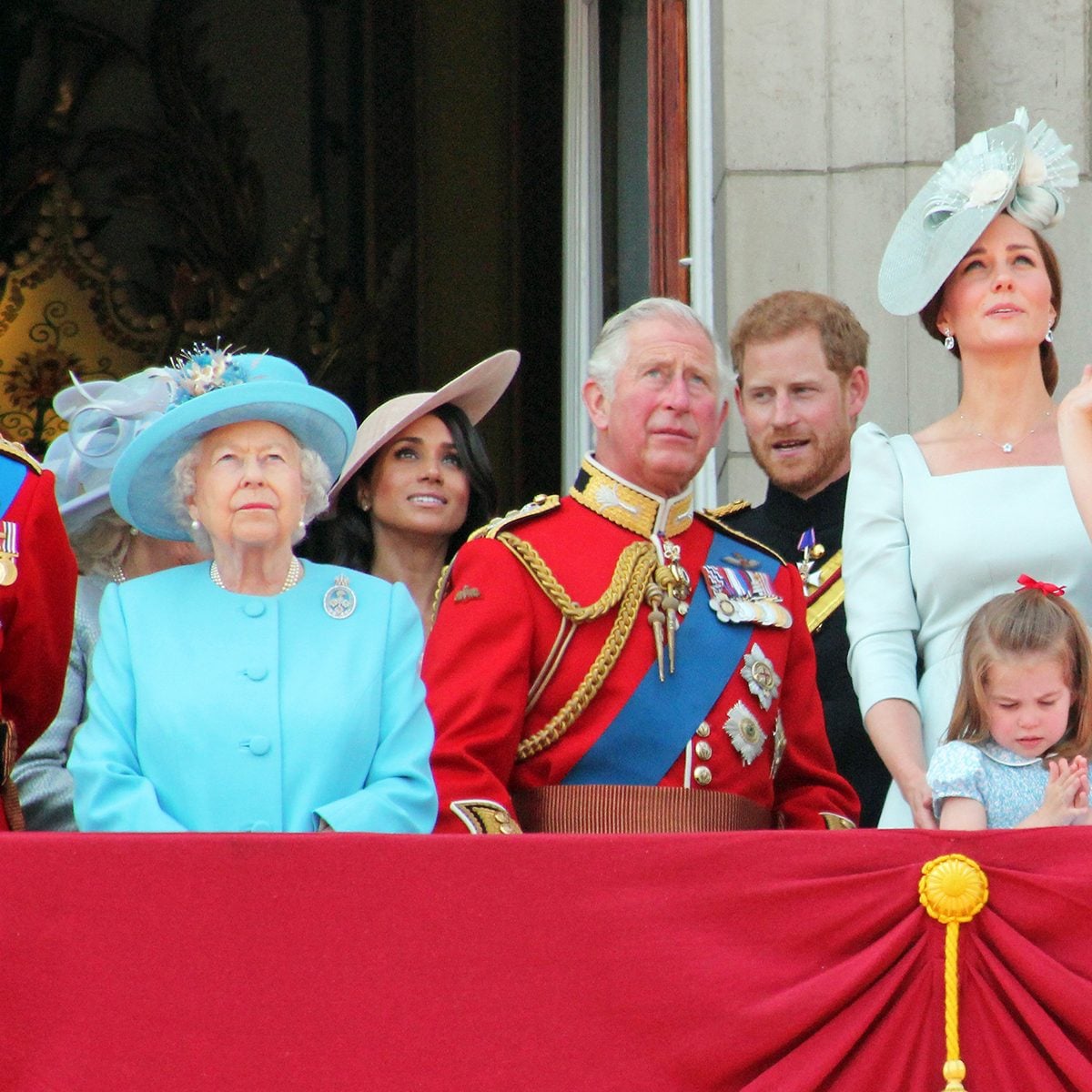 Queen Elizabeth London uk 9June 2018- Meghan Markle Prince Harry George William Charles Kate Middleton & Princess Charlotte Trooping the colour Royal Family Buckingham Palace