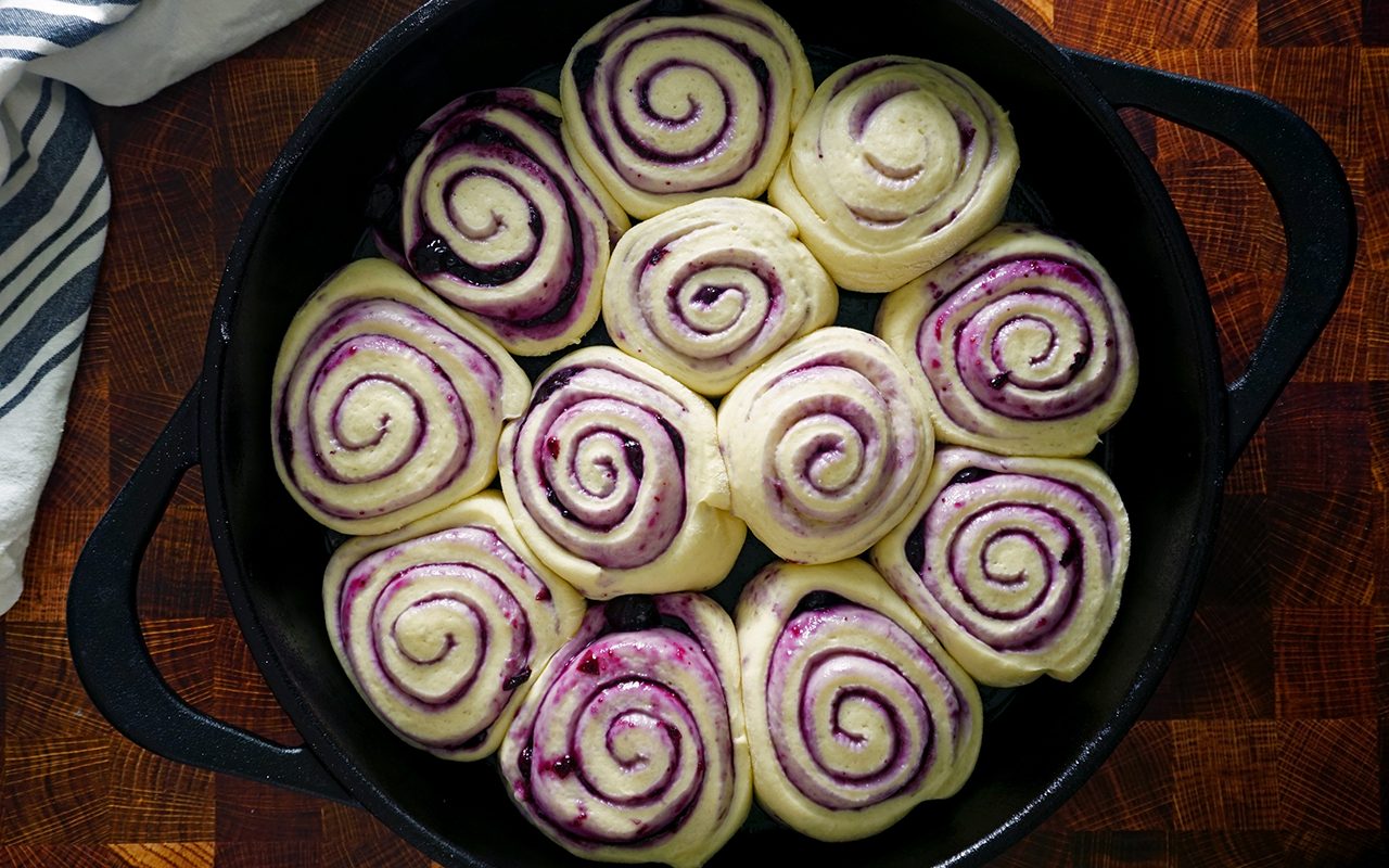 blueberry sweet roll dough after second rise and ready for baking