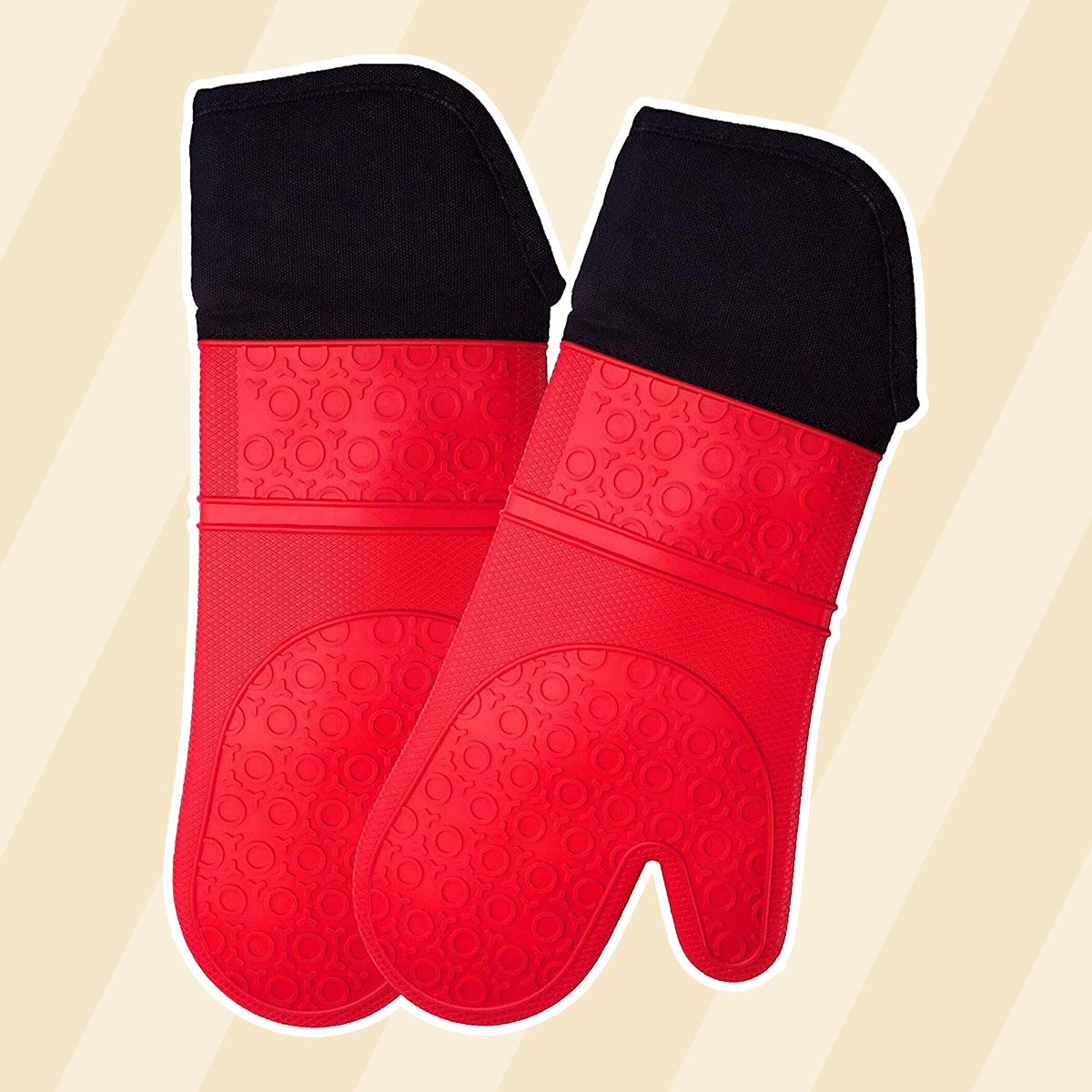 HOMWE Extra Long Professional Silicone Oven Mitt, Oven Mitts with Quilted Liner, Heat Resistant Pot Holders, Flexible Oven Gloves, Red, 1 Pair, 14.7 Inch