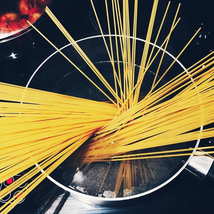 Directly Above Shot Of Raw Pasta In Saucepan