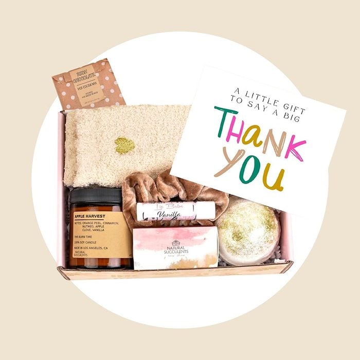 box of gifts and thank you card