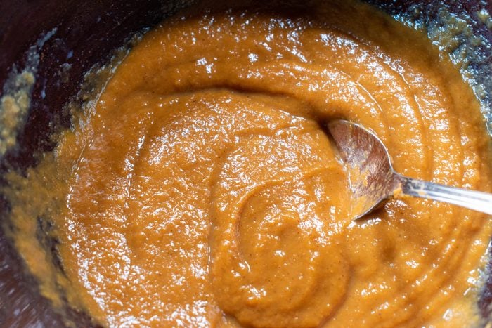 top view of mixing bowl of pumpkin batter
