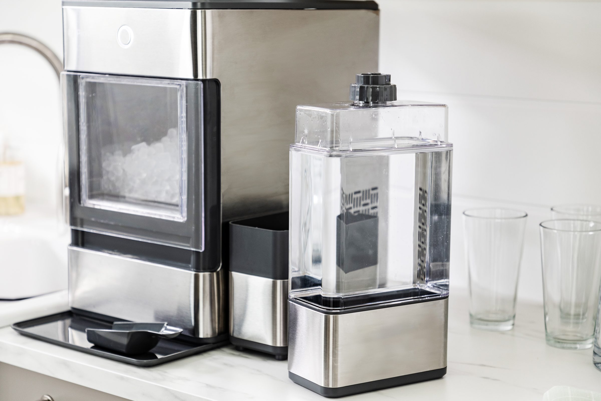 water reservoir on the GE Profile Opal Nugget Ice Maker on a kitchen counter