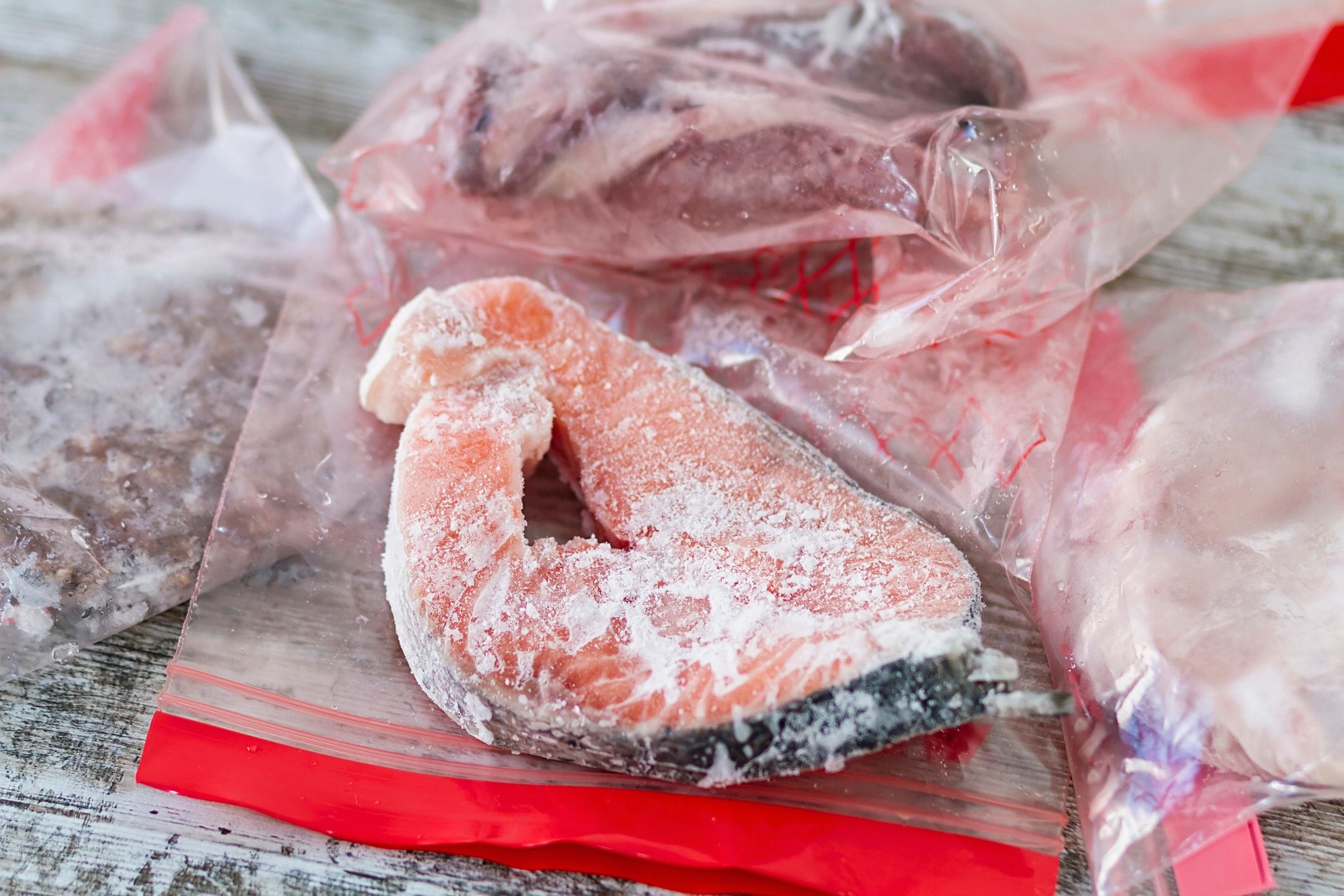 freezer burned food out of freezer and bag laying on countertop