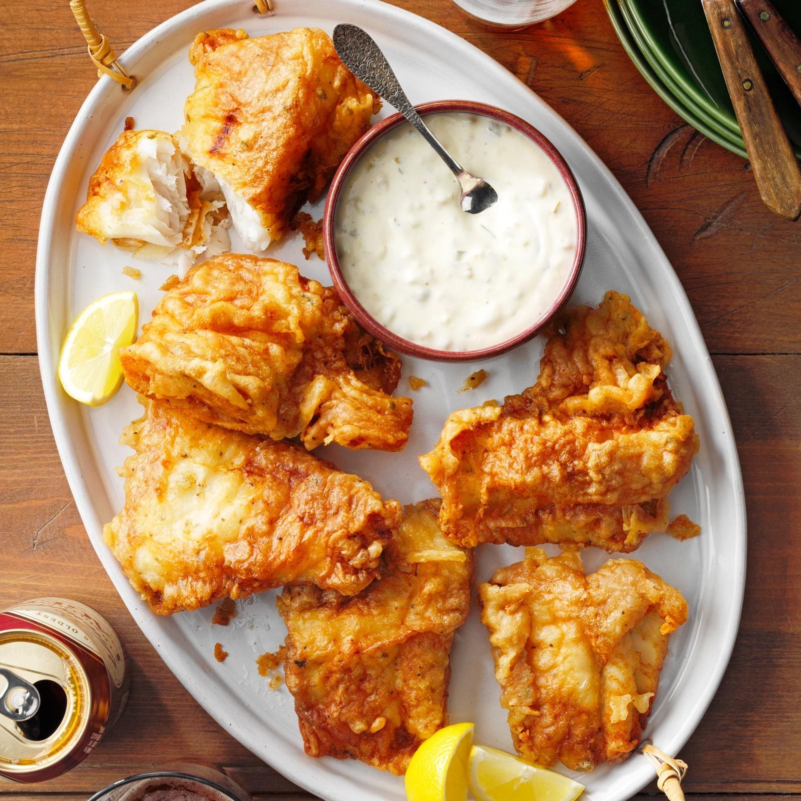 Fish Fry on an oval plate with a side bowl of tarter sauce
