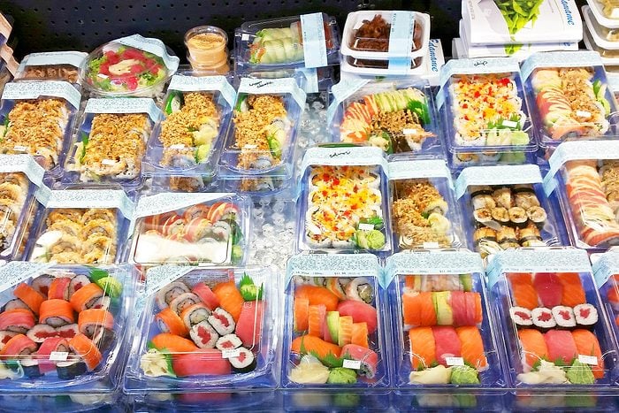 Grocery Store Sushi in a cooler case