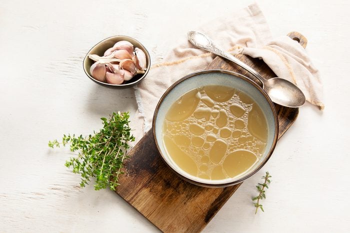 Broth in Bowl, healthy food, top view, copy space