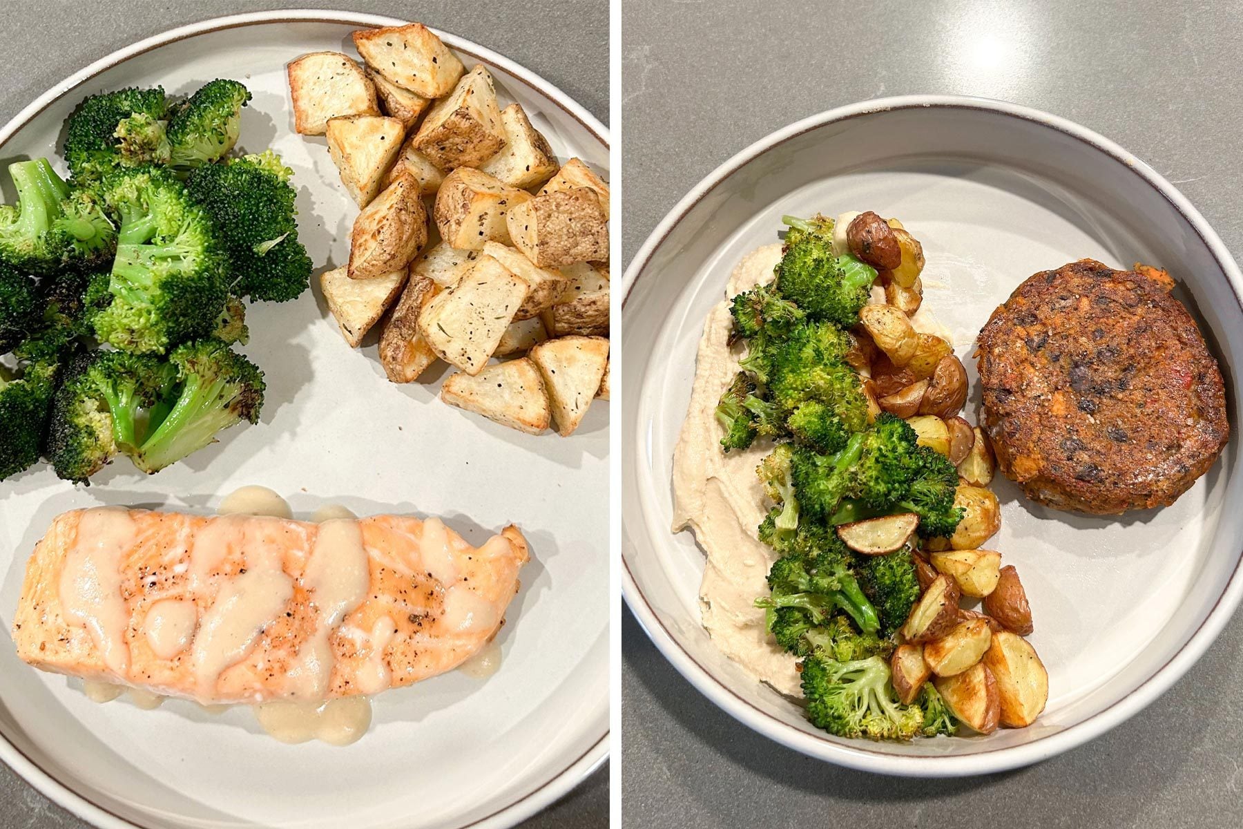 Burger bowl with broccoli and salmon on a plate