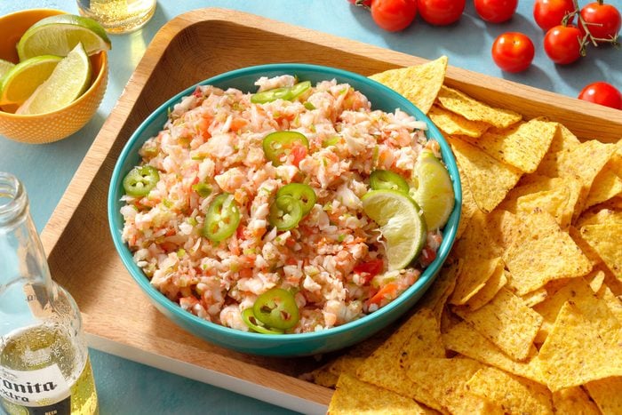Lime Marinated Shrimp served with chips and beer