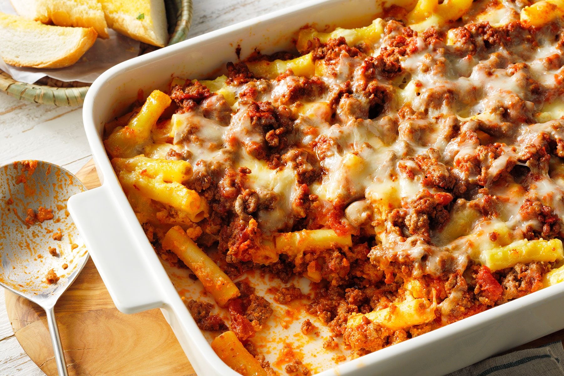 A casserole dish with pasta and meat