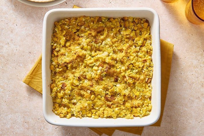 Overhead shot of easy cornbread dressing in a baking dish
