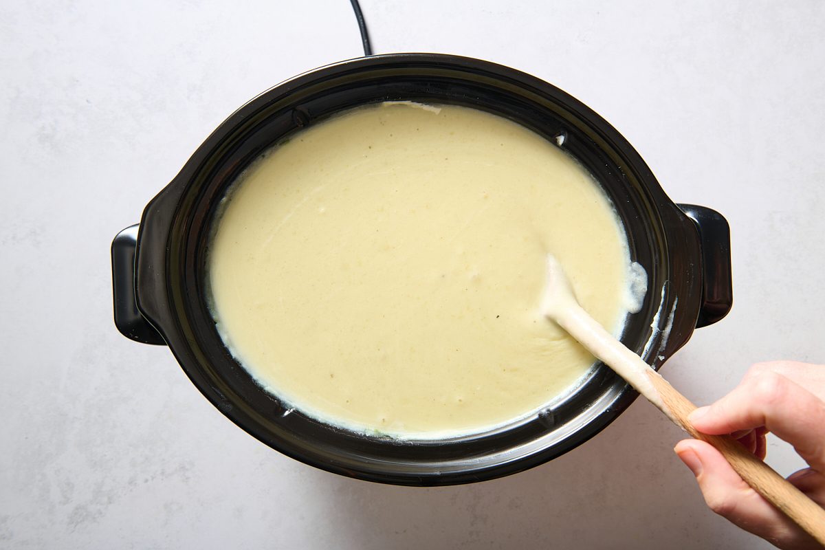 Soup in the slow cooker after mashing potatoes and adding dairy