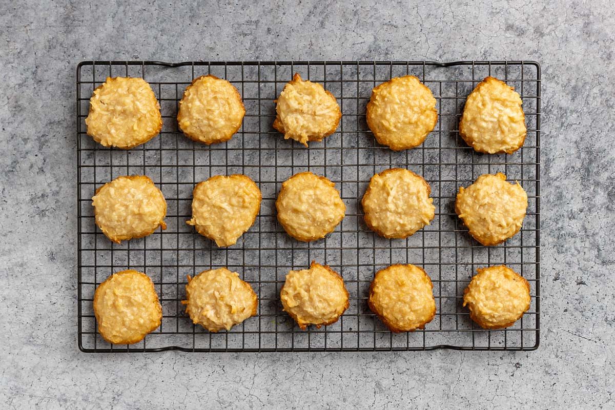 Taste of Home Coconut Macaroons recipe photo of cookies baked and resting on a wire rack.