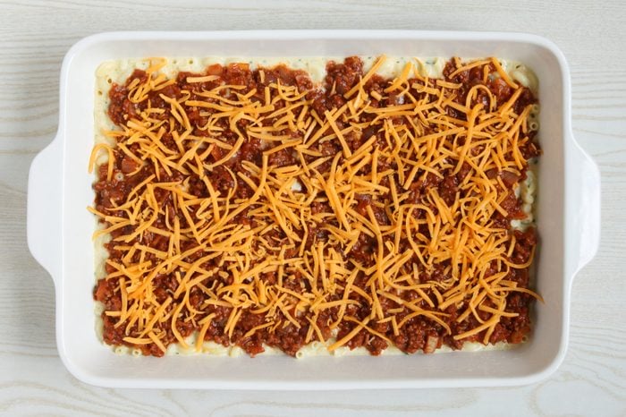 Hamburger Macaroni Casserole ready to bake