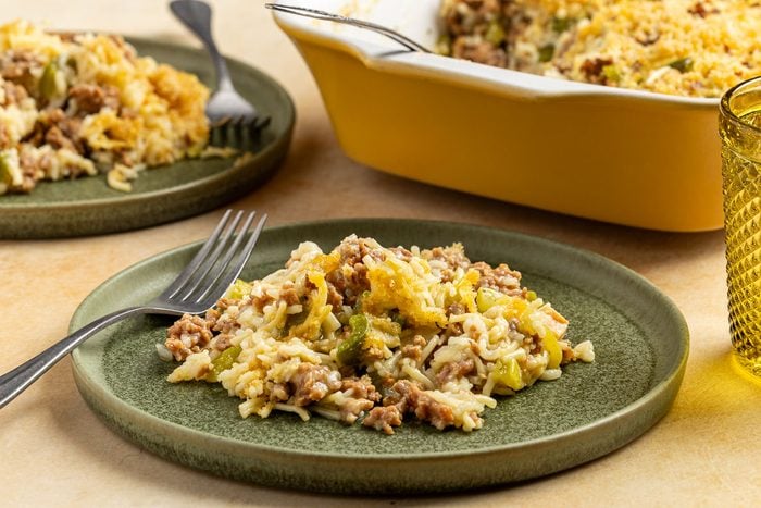 Taste of Home Sausage Rice Casserole recipe photo of the finished recipe.