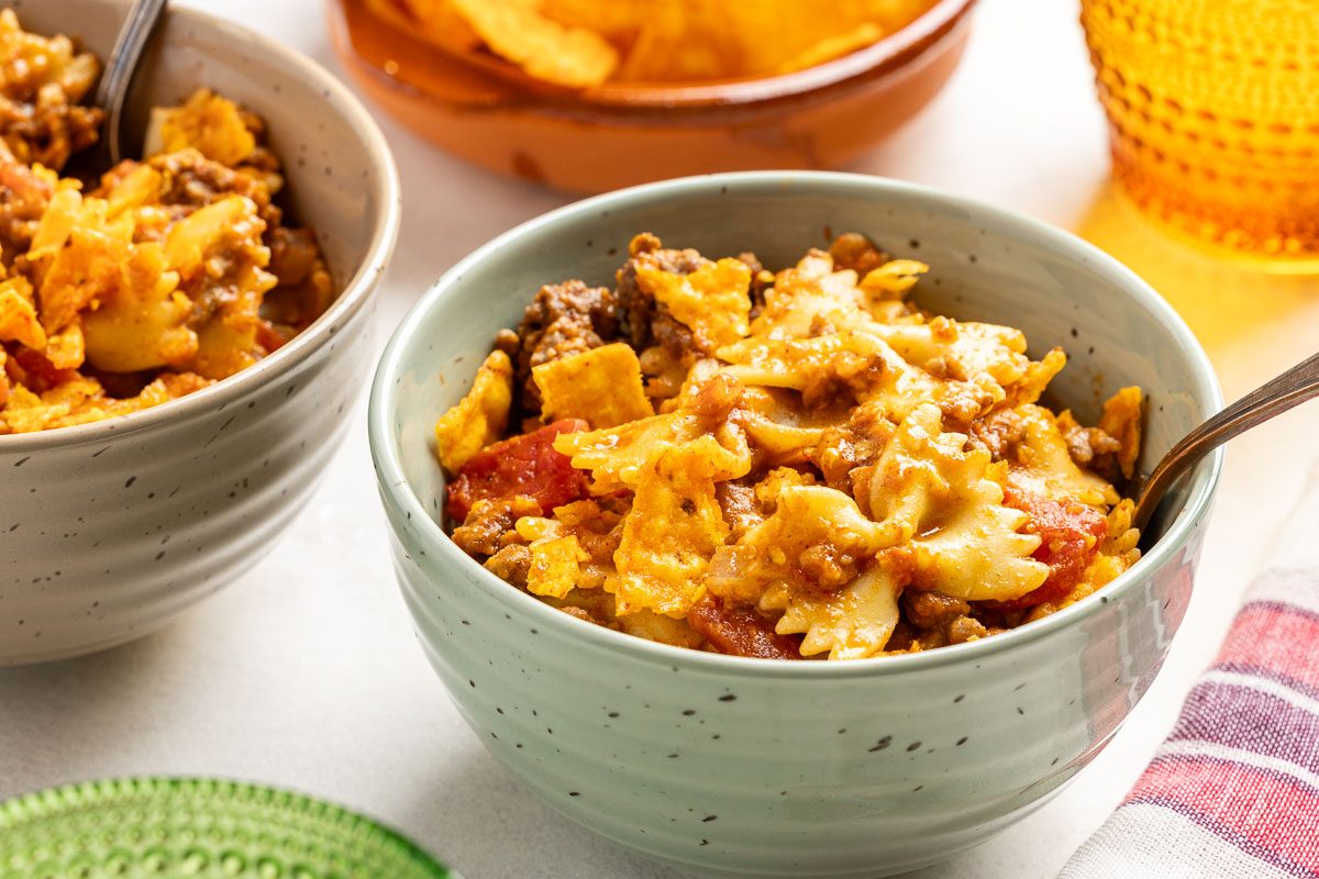 Table view shot of Taco Casserole in a serving bowl