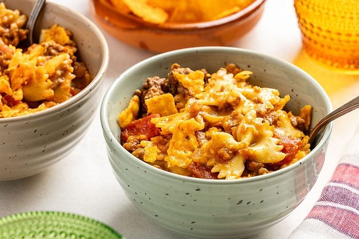 Table view shot of Taco Casserole in a serving bowl