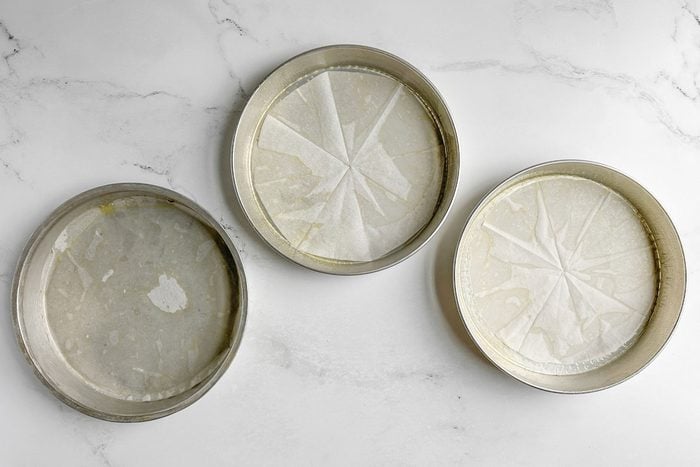 Lined cake pans for Taste of Home Amaretto Cake