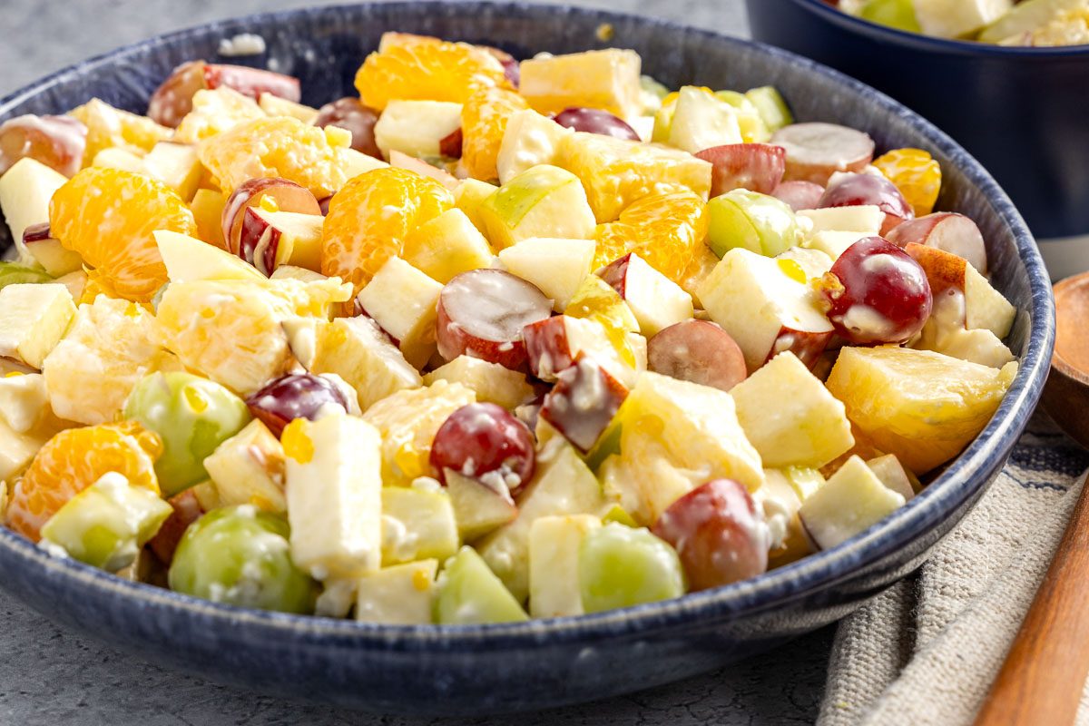 table view close up of Cream Cheese Fruit Salad in a large bowl