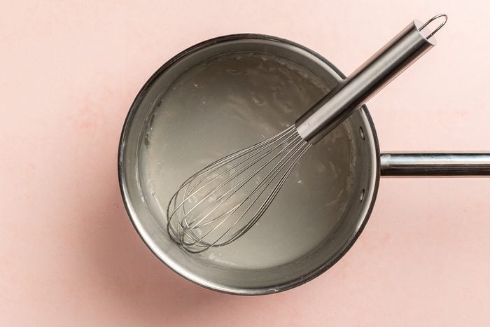 Taste of Home No Bake Blueberry Pie recipe photo of cornstarch, water, and sugar in a saucepan.