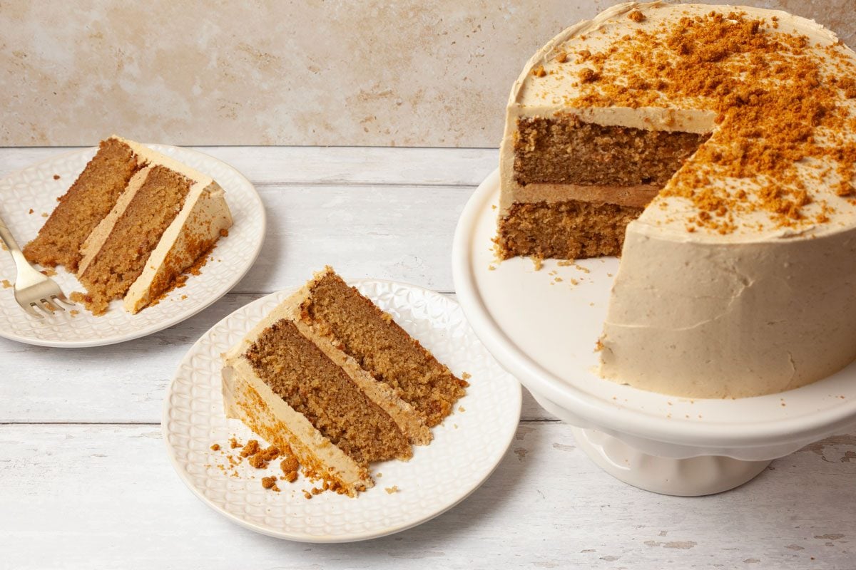 Full yield and two slices of Taste of Home Biscoff Cake