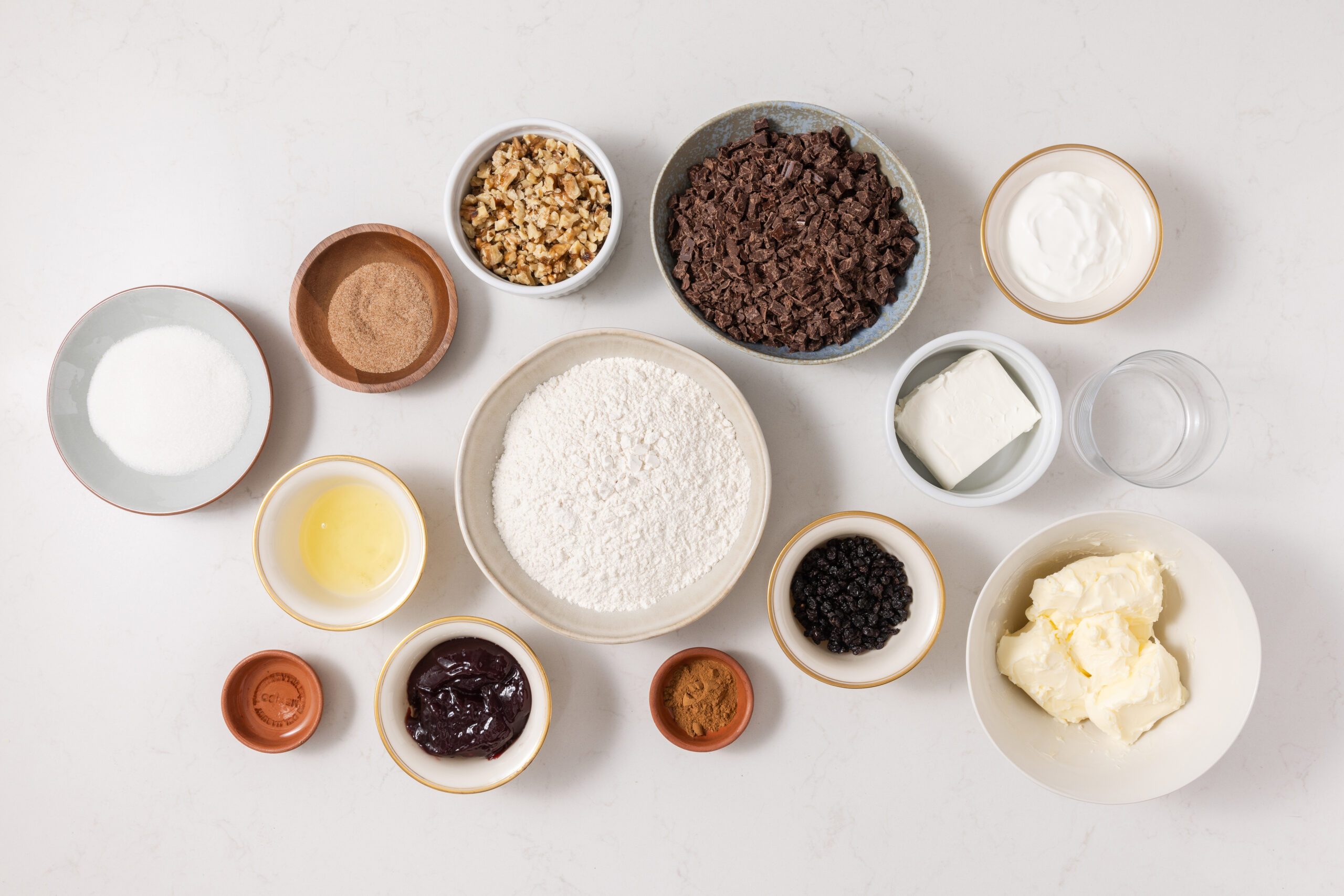 Ingredients for chocolate rugelach on kitchen counter.