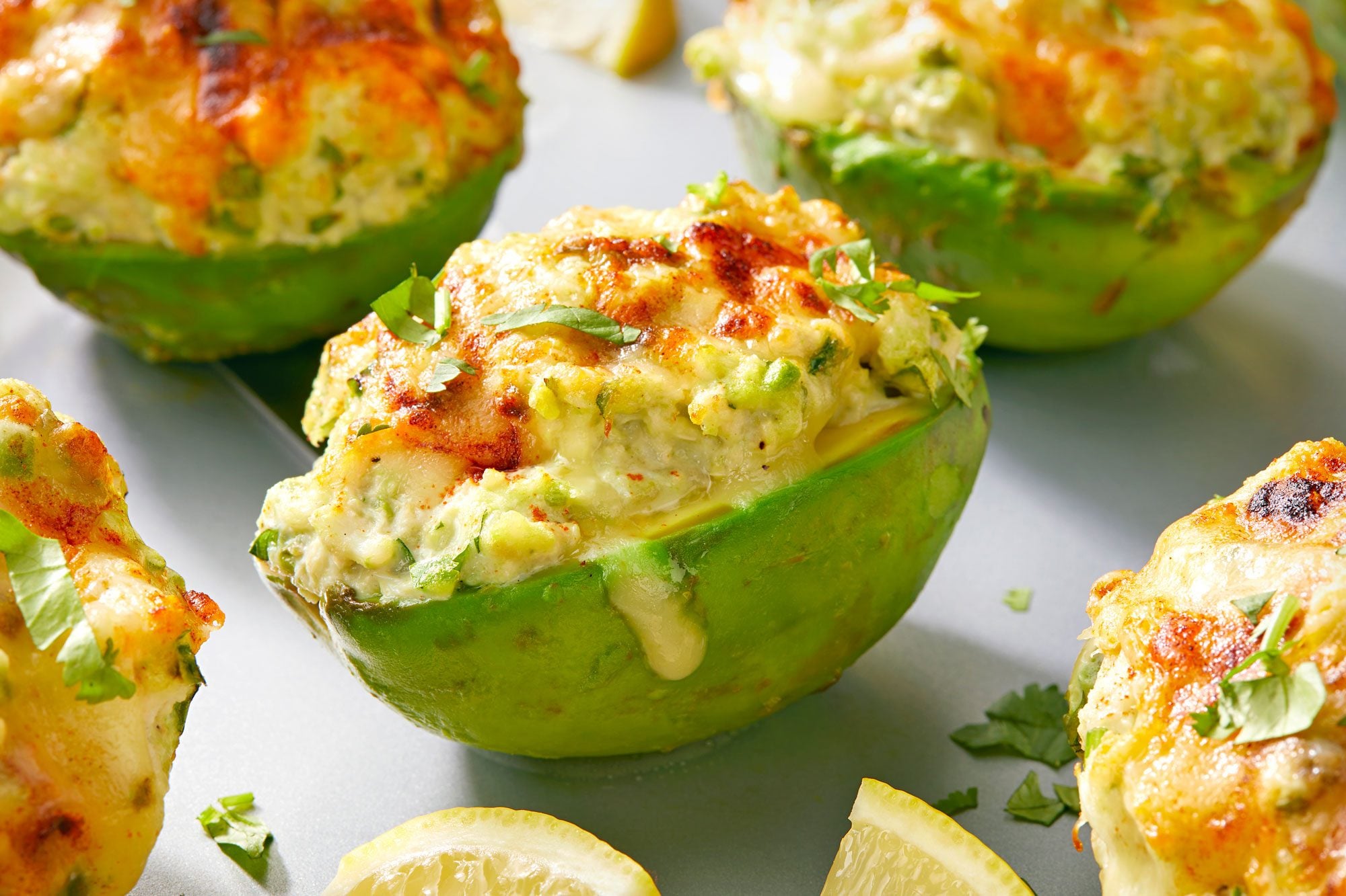 close shot of avocado crab boats