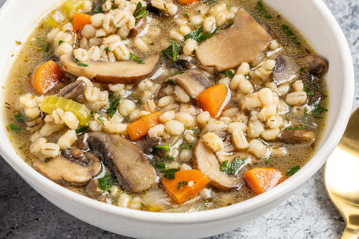 Taste of Home Mushroom Barley Soup recipe photo of the finished recipe served in bowls.