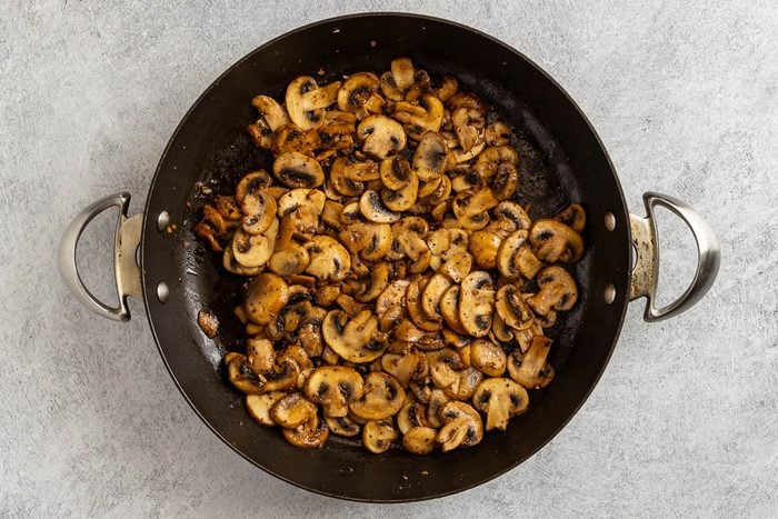 Taste of Home Sausage and Mushroom Pasta photo of the cooked mushrooms and garlic.