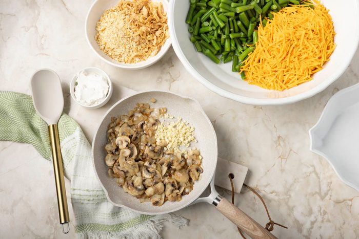 large skillet, saute the mushrooms and onion in oil for Vegan Green Bean Casserole