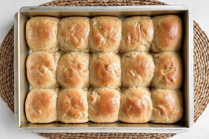 Taste of Home Whole Wheat Rolls in a metal baking pan
