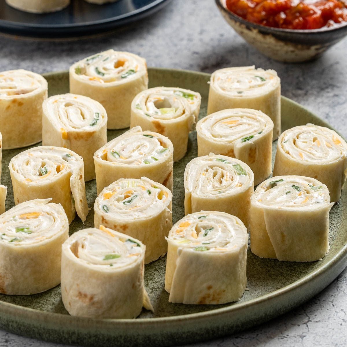 Quick Tortilla Pinwheels Recipe photo of the finished recipe on a serving platter.