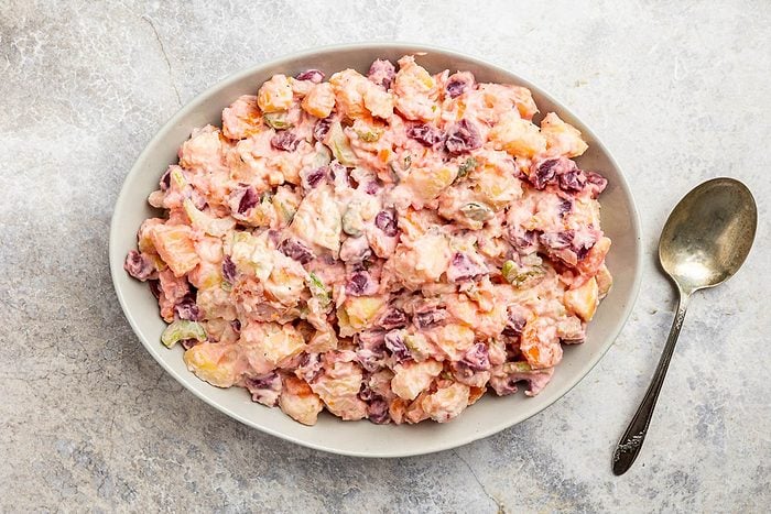 Taste of Home Russian Potato Salad recipe photo of the finished recipe in a serving dish.